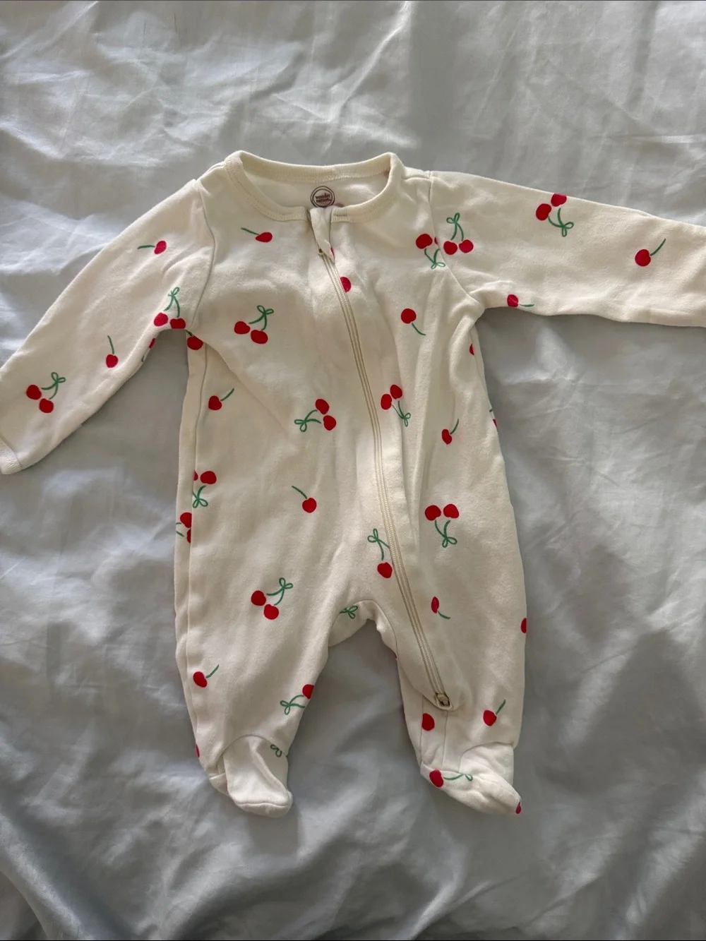 Cream Cherry-Print Baby One-Piece Zipper Footed Pajamas